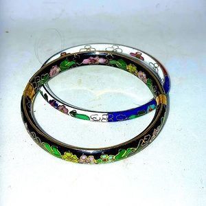 2 Vintage Cloisonne Enamel Bangle Bracelets Black Flowers floral